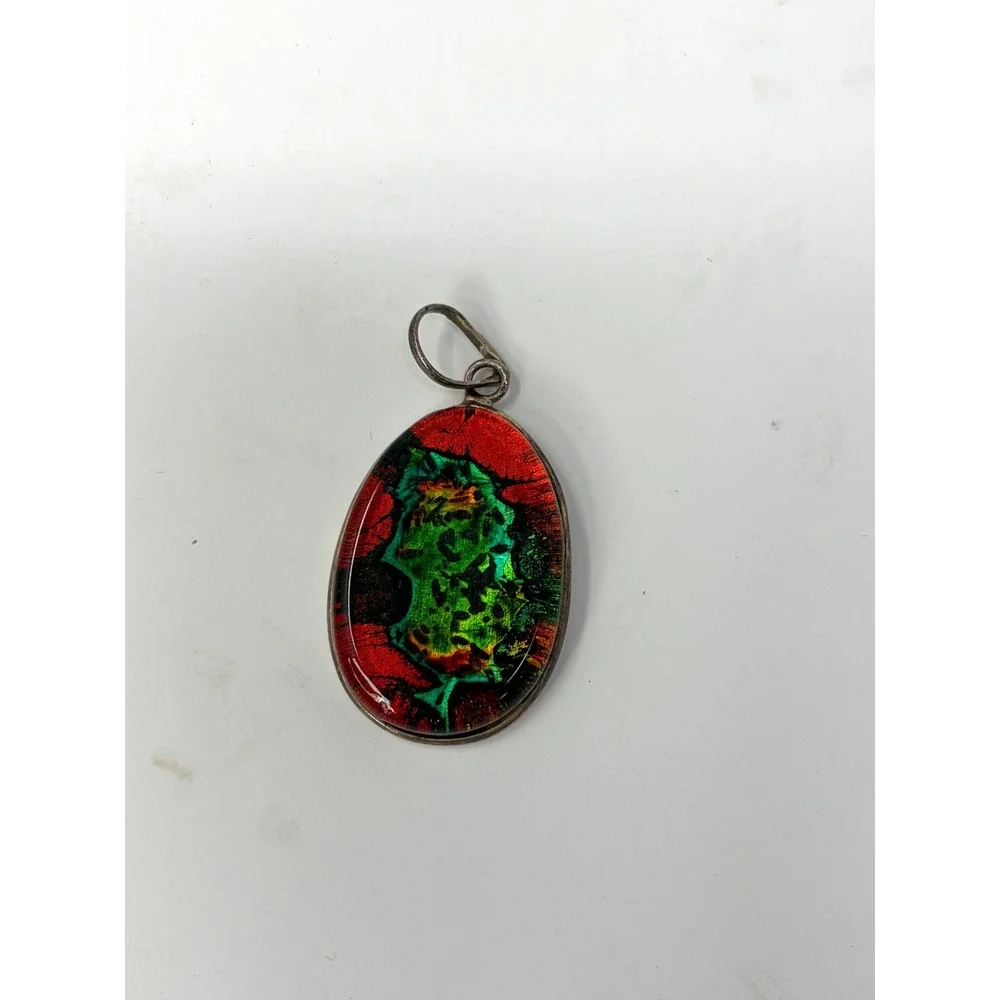 Vintage Sterling Silver Dichroic Art Glass Pendant Red Green Oval Statement
